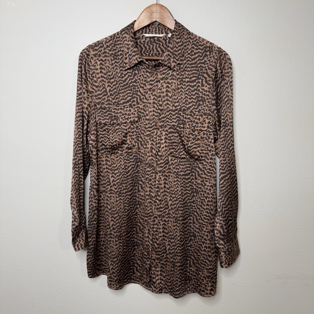 Soft Surroundings Women M Animal Print Button Down Shirt 100% Silk Mob Wife